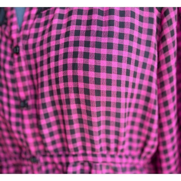 TORRID Women's Loose Button-Up Top Bust 52" Pink Black Plaid Lace Hi-Lo Hem EUC - Picture 6 of 15